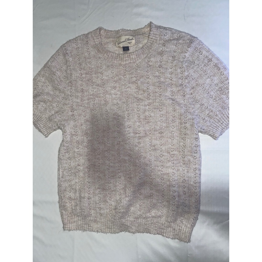 Universal Thread Oatmeal Pointelle Knit Short Sleeve Sweater Crewneck Tan Medium